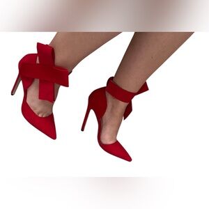 Red Pointed-Toe Ankle Bow High Heels - Women size 37/ 7, faux suede, formal